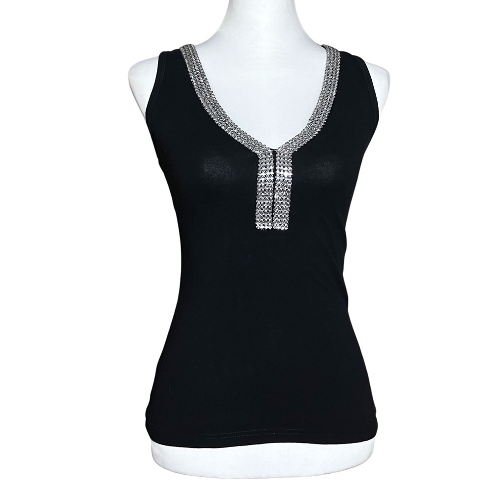 Y2K Vintage Black Tank Silver Rhinestones Small McBling Frederick’s of Hollywood